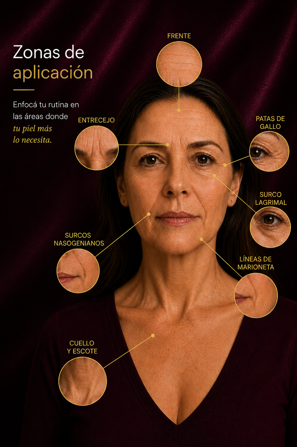 Zonas de aplicación de ÉVORA RENOVA: frente, entrecejo, patas de gallo, surco lagrimal, surcos nasogenianos, líneas de marioneta, cuello y escote